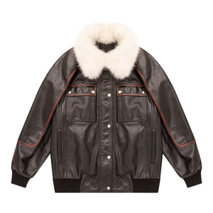Fur Collar Embellished Leather Jacket