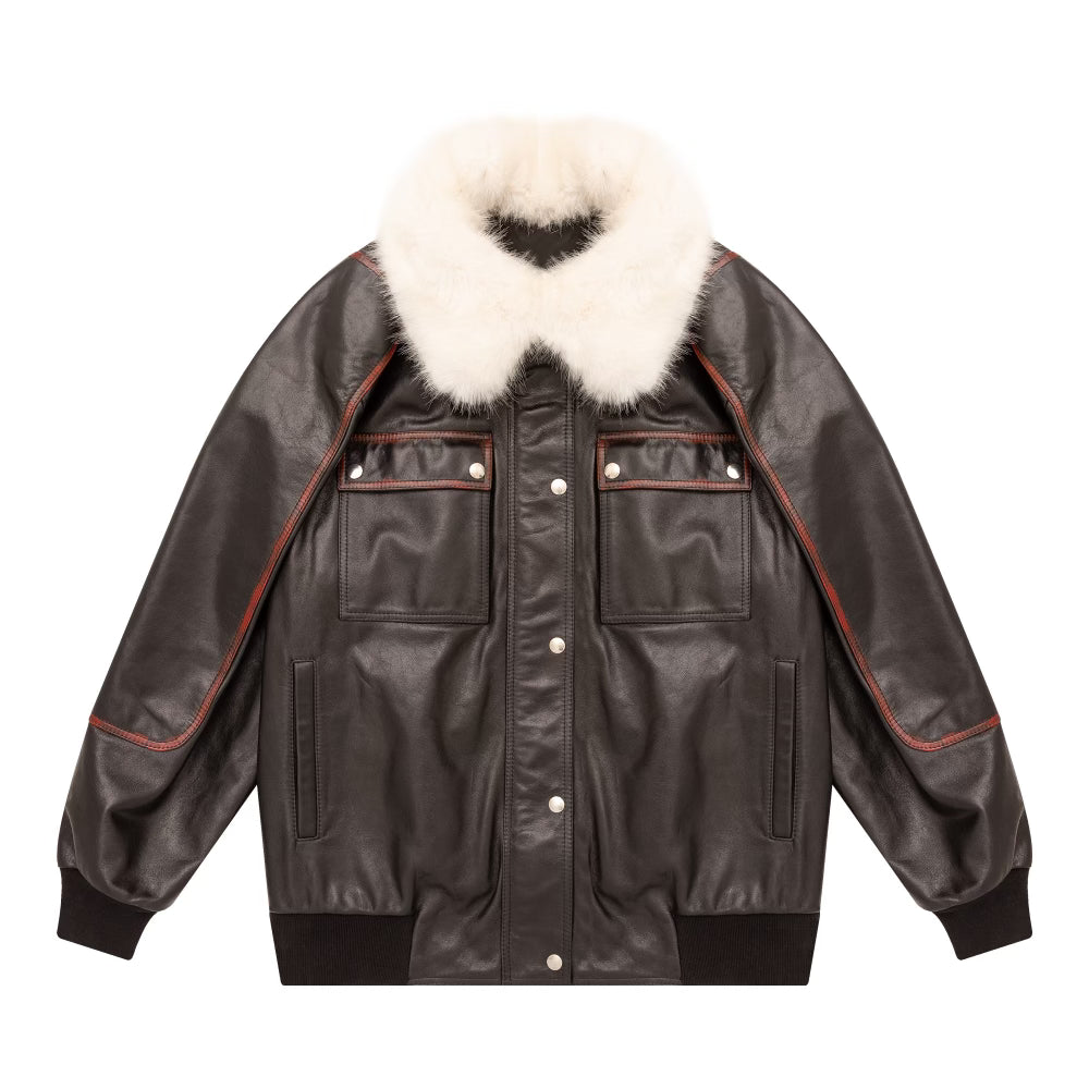 Fur Collar Embellished Leather Jacket